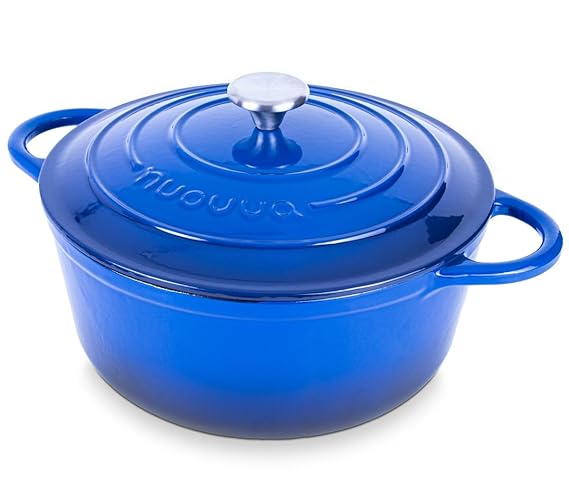 Nuovva Enamelled Cast Iron Dutch Oven Pot with Lid – 6.4 Quart Non Stick Casserole Pot – Heavy Duty & Oven Safe up to 500° F for Bread Baking, Braising, Stews, Roasting – 28cm Dark Blue - Dark Blue - 6.4-Quart - Deep