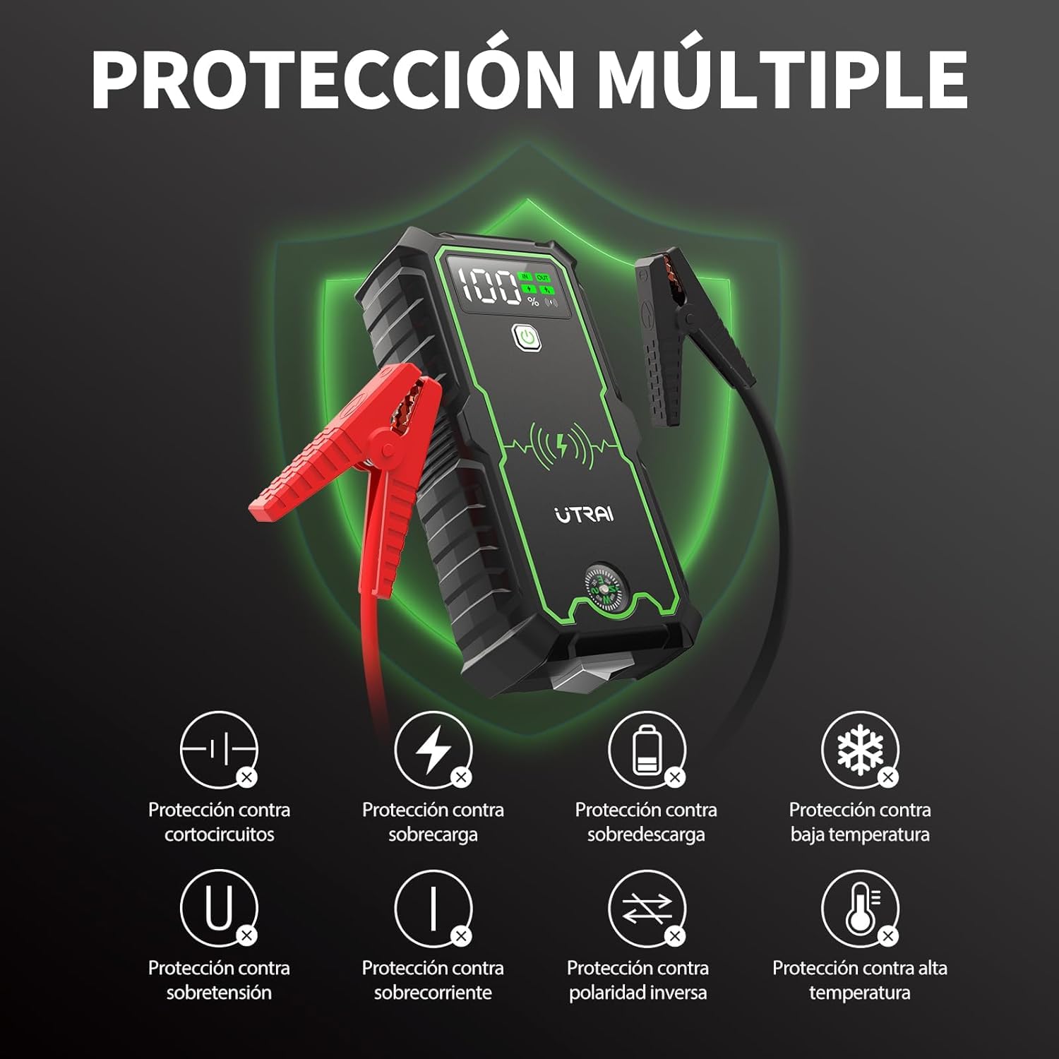 6000A 27000mAh Arrancador de Baterias de Coche con Brújula,Martillo de Seguridad,Carga inalámbrica de 10,Linterna LED,UTRAI 12V Arrancador de Coches Portátil para Todo de Gasolina o 10L de Diésel