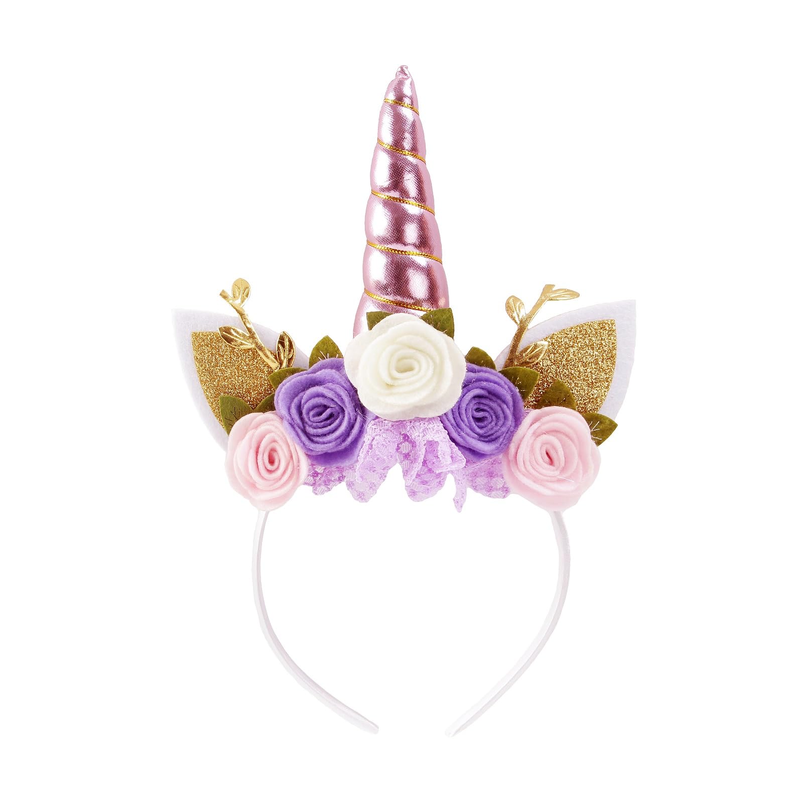 Nishine Unicorn Headband Nonwoven Flowers Cat Ears Pony Head Bands Tiara Glitter Horn for Cosplay Unicorn Party Supplies (Pink) — image 1