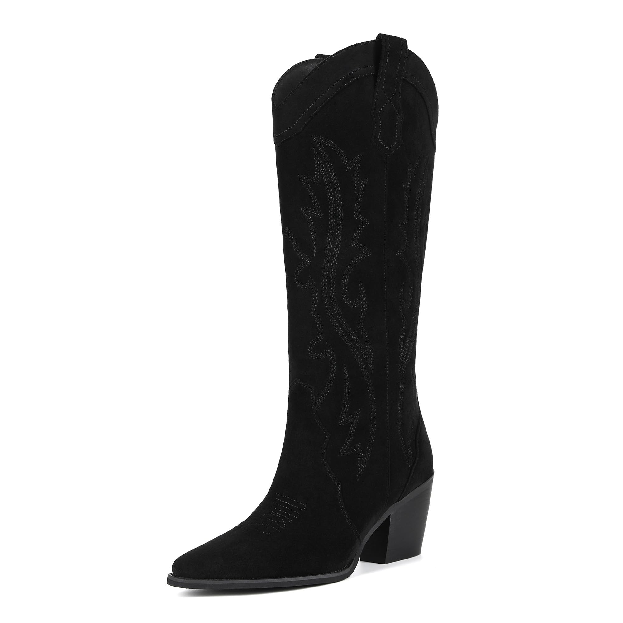 Suede Cowgirl Boots Women Knee High Boots Retro Pointed Toe Tall Block Heel Pull On Western Cowboy Boots