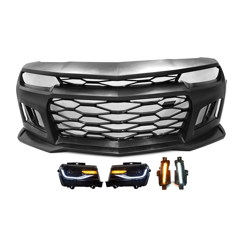 IKON MOTORSPORTS Front Bumper Compatible With 2014-2015 Chevy Camaro, ZL1 Style Bumper Cover with Grille Undertray,DRL Fog Lights w/Amber Switchback,