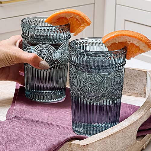 Kate Aspen Textured Striped Blue Drinking Glasses Set Of 6-13 Oz Vintage Glassware Set Cocktail Glass Set, Juice Glass, Water Cups | Hostess Gift, Present For Newlyweds Or New Home Owners #TOP1