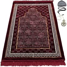 Modefa Turkish Islamic Velvet Prayer Rug - Thick & Wide Soft Praying Carpet for Men & Women - Double Plush Large Janamaz - Eid & Ramadan Gift - with Kufi, Beads & Car Hanger - Geometric Noor Red