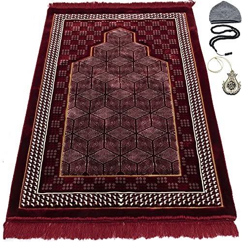 Modefa Turkish Islamic Velvet Prayer Rug - Thick & Wide Soft Praying Carpet for Men & Women - Double Plush Large Janamaz - Eid & Ramadan Gift - with Kufi, Beads & Car Hanger - Geometric Noor (Red)
