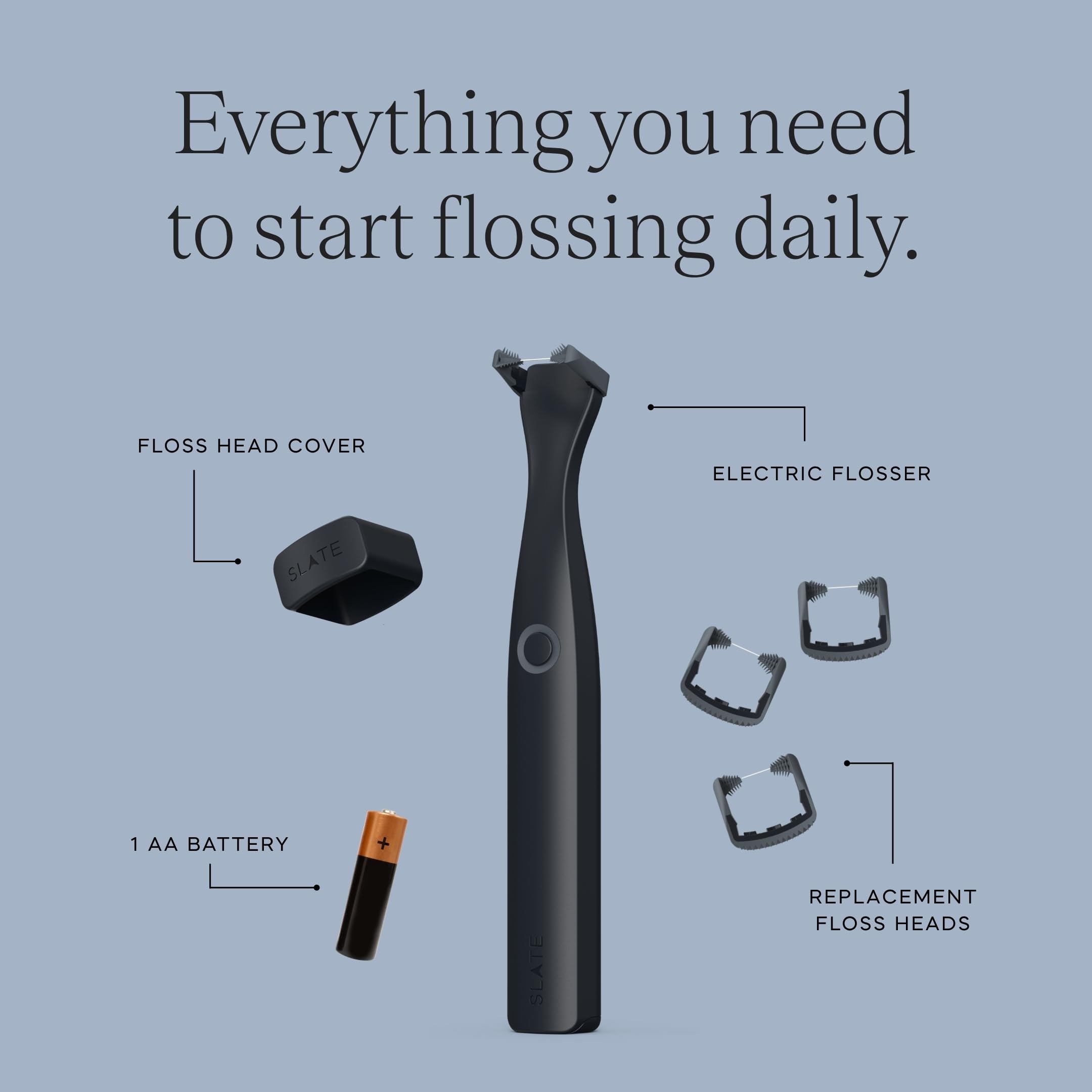 Slate Hilo dental eléctrico, 3 en 1 inventado por dentistas, funciona con pilas con cabezales de hilo reutilizables, cepillos de encías y raspador de lengua, 12.000 vibraciones sónicas, incluye