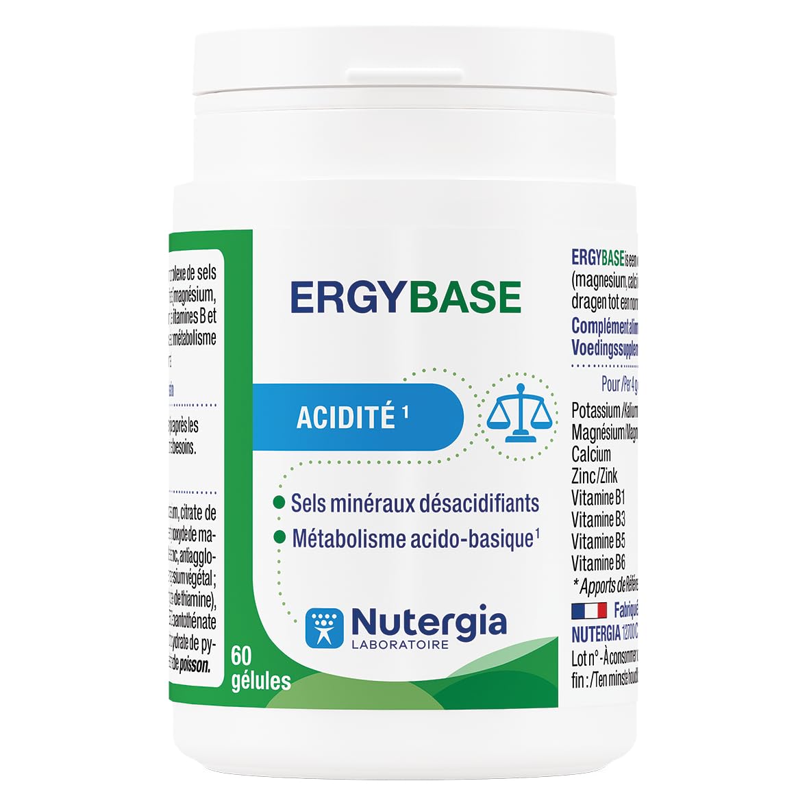 Nutergia – Acidité – Maintien de l’équilibre acido-basique – Fonctionnement des enzymes digestives – Complément alimentaire – 60 Gélules – Fabrication Française