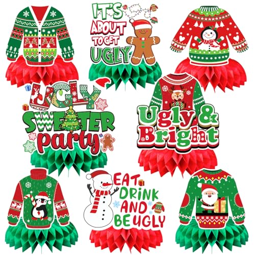 JULMELON 8PCS Ugly Sweater Party Decorations Honeycomb Centerpieces Ugly Sweater Christmas Party Centerpieces for Tables Ugly Sweater Table Decor 3D Table Toppers for Christmas Winter Party Supplies