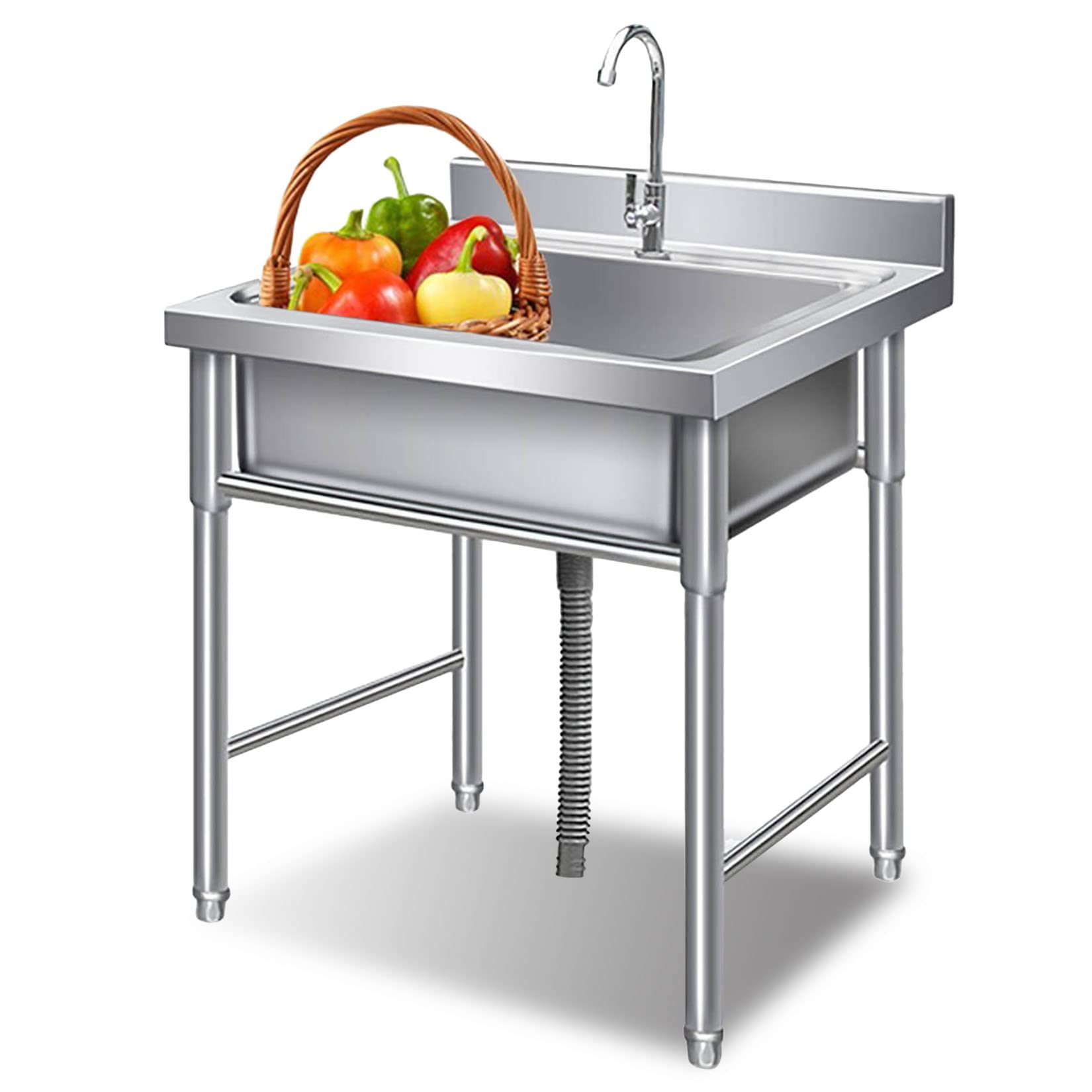 HCZKIUJY Kitchen Utility Sink,Single Bowl Stainless Steel Commercial Kitchen Sink with Faucet, 1 Compartment Freestanding Utility for Restaurant, Laundry, Indoor + Outdoor (23.6x23.6x31.4in)