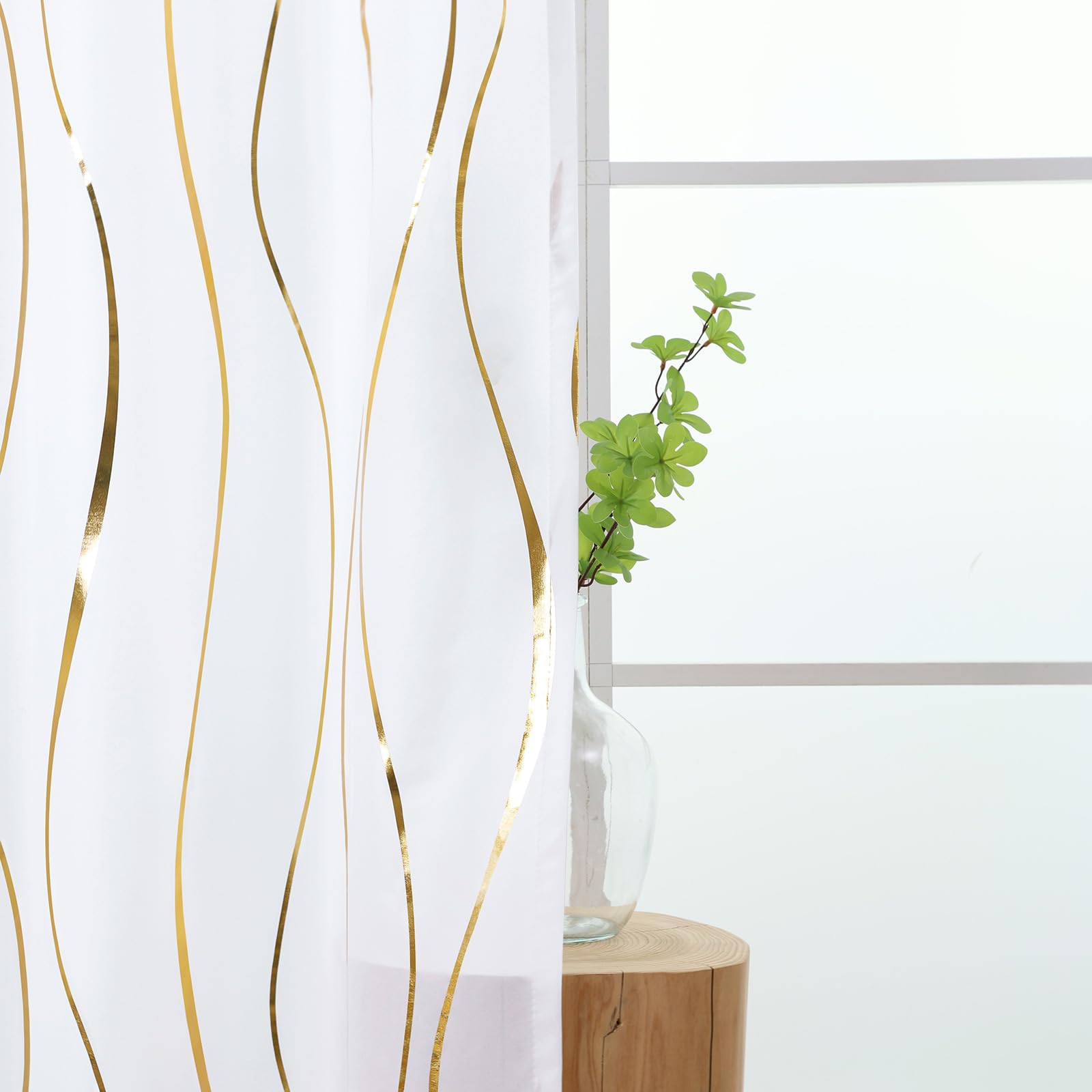 L.Z.E Vorhang Sichtschutz Gold Weiss, Gardinen Gold Weiß für Wohnzimmer Schlafzimmer, Ösen Vorhänge mit Wellenmuster, 2er Set Lichtdurchlässig Fenster Gardine (LZE2251E-WG225)