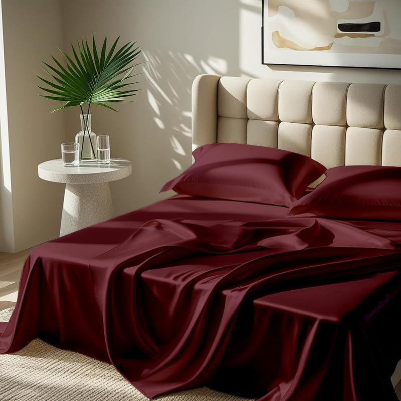 Image of Premium Satin Double Bed (90x100 Inchs) with 2 Pillow Cover Bedsheet Ultra Soft & Silky Smooth, Breathable Cooling Fabric, Luxury Glossy Finish|Royal Wine