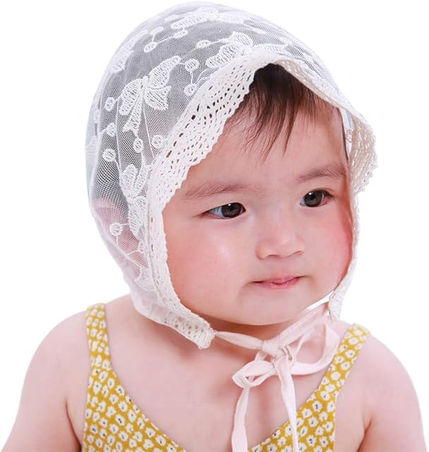 LACOFIA Newborn Girls Hat Cotton Baby Bonnet Infant Lace Floral Beanie Cap with Adjustable Chin Strap
