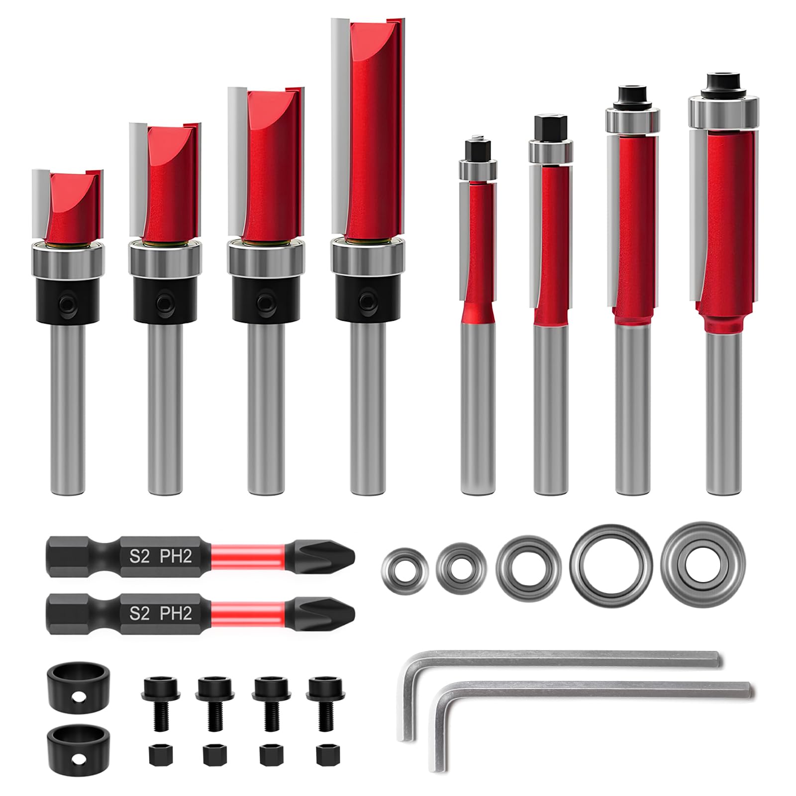 10 frese a filo da 8 mm con 2 punte magnetiche a percussione, fusto da 8 mm, 6 cuscinetti, 2 chiavi, fresa da 8 mm, fresa per legno per fresa superiore in metallo duro