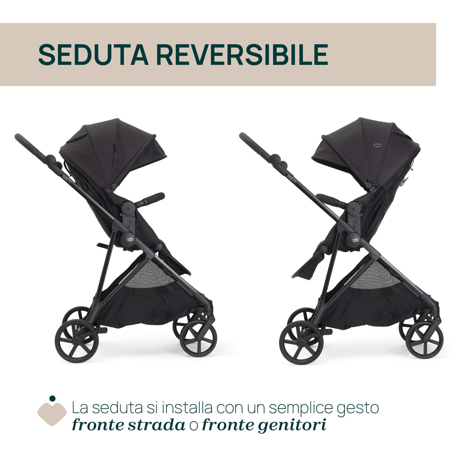 Chicco Passeggino Seety, Passeggino Leggero e Compatto Da 0 Mesi a 4 Anni, Portata Max 22kg, Passeggino Pieghevole, Schienale Reclinable, Chiusura Automatica in 1 Gesto, Capotte Parasole e Parapioggia