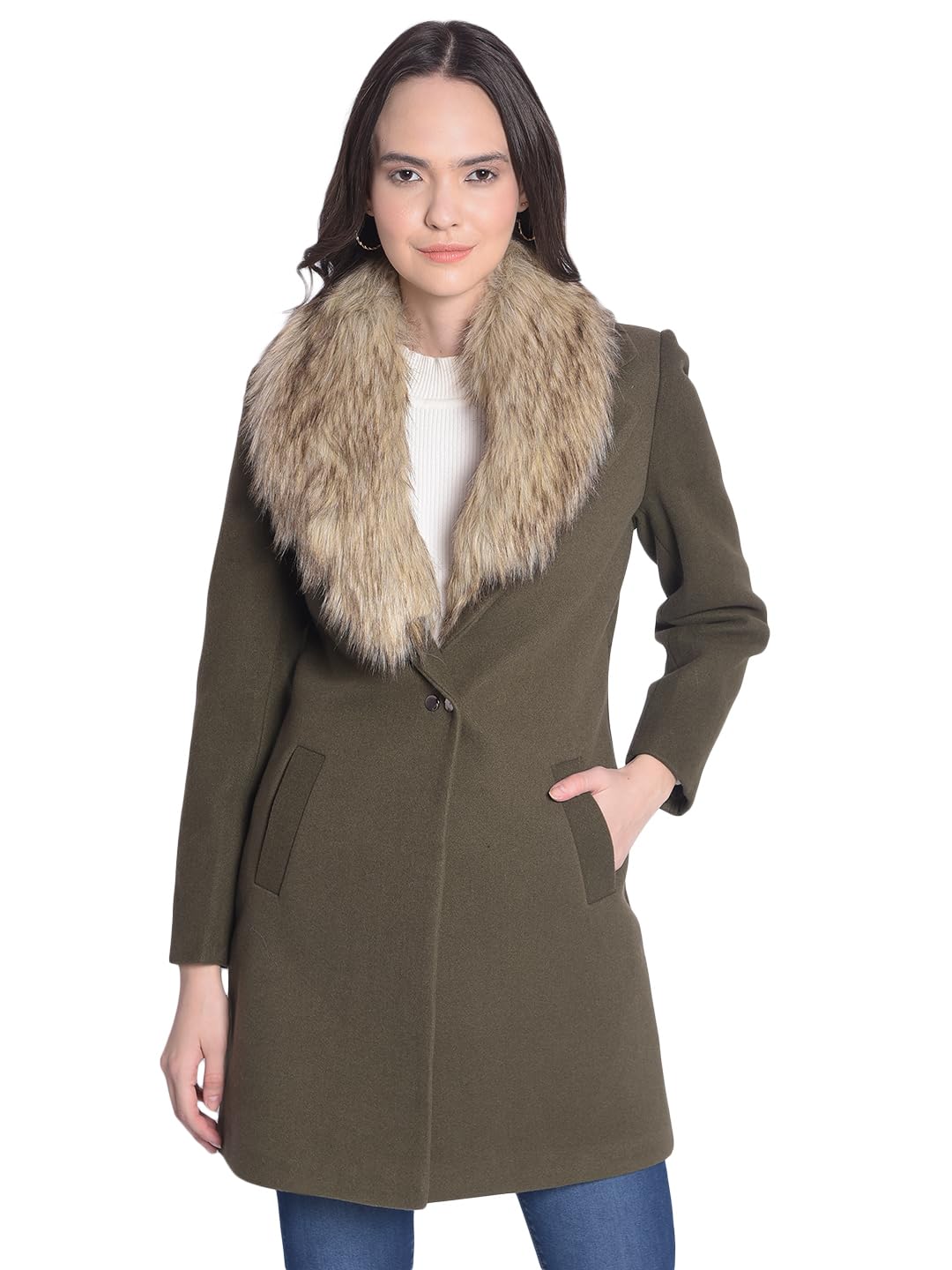 crimsoune club Women's Olive Overcoat With Faux Fur Detail-picture-14