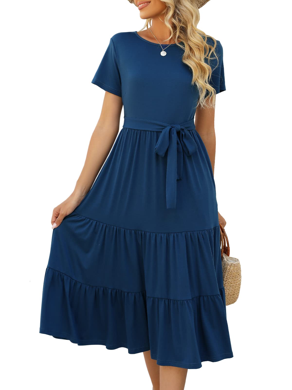 Lyrur Women's Summer Casual Short Sleeve Modest Teacher Church Midi Dress | Crew Neck, Tie Waist, Side Pockets, Flowy A-Line Fit for School Work Outfits for Educators, Office, Classroom and Daily Wear