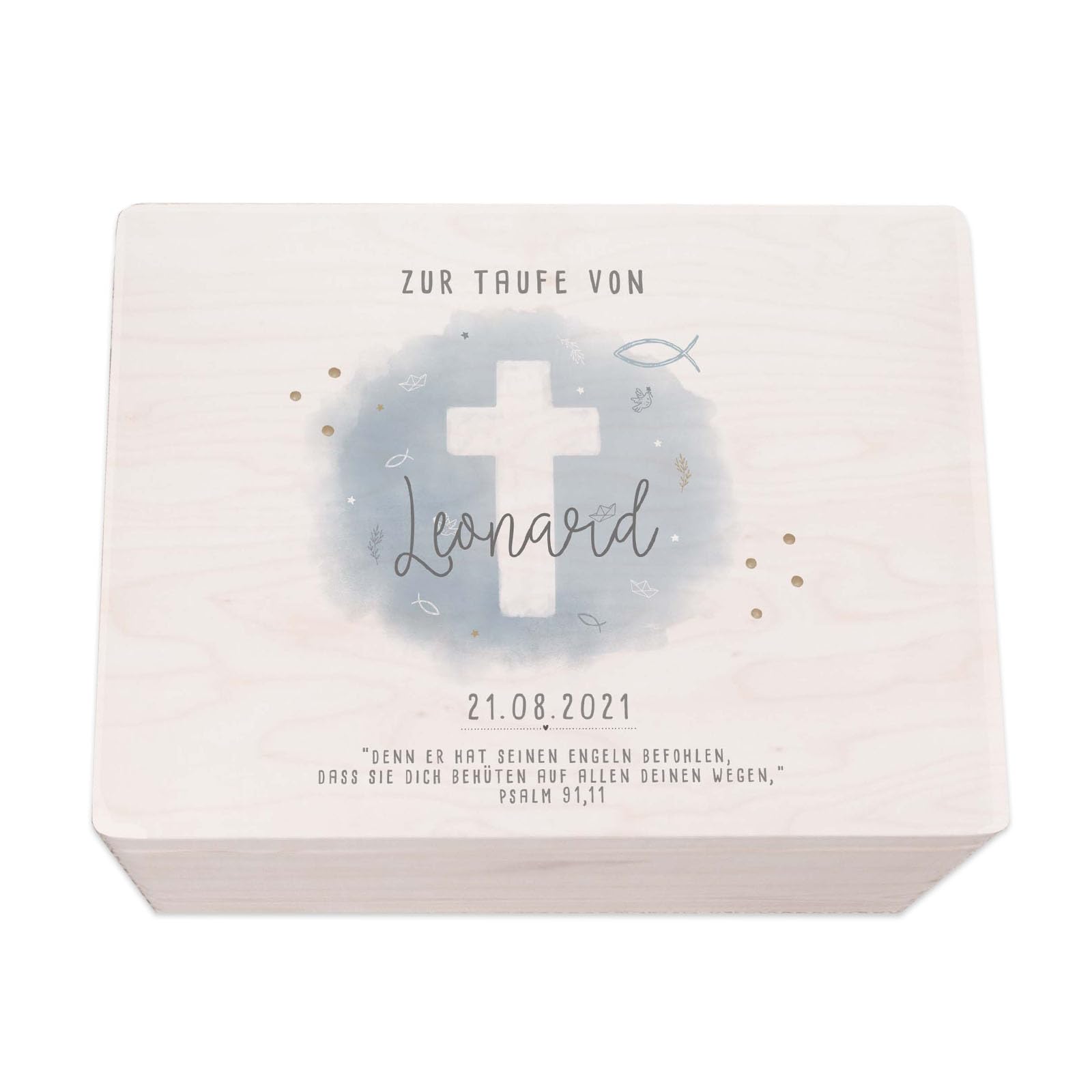 hellomini Taufgeschenke - Personalisierte Erinnerungsbox Taufe aus Holz - Taufgeschenke für Mädchen - Taufgeschenke Jungen - Taufe Geschenk (Kreuz blau Druck, S: 30x20x14cm)