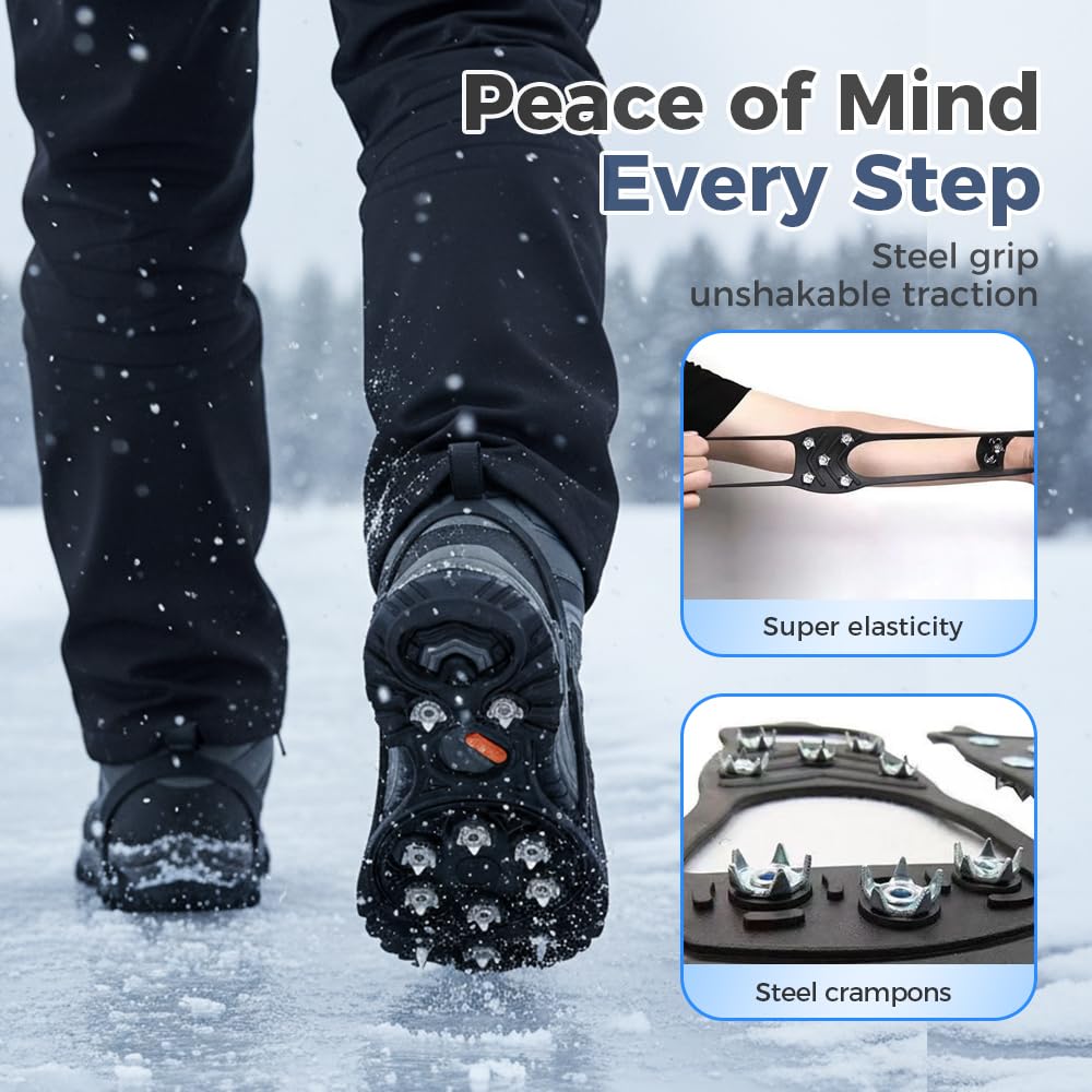 Punte antiscivolo universali 2026 per scarpe da neve e ghiaccio, con chiodi in acciaio a 5 denti, tacchetti di trazione per ghiaccio e neve antiscivolo in silicone, per passeggiate, escursionismo