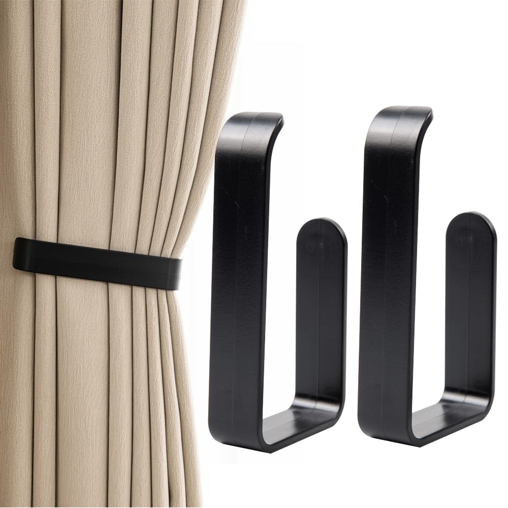 Black Plastic Curtain Holdbacks (2 Pack) - Self Adhesive, No Nails, Express Setup - Window Treatment Holdbacks for Home Curtain Decor