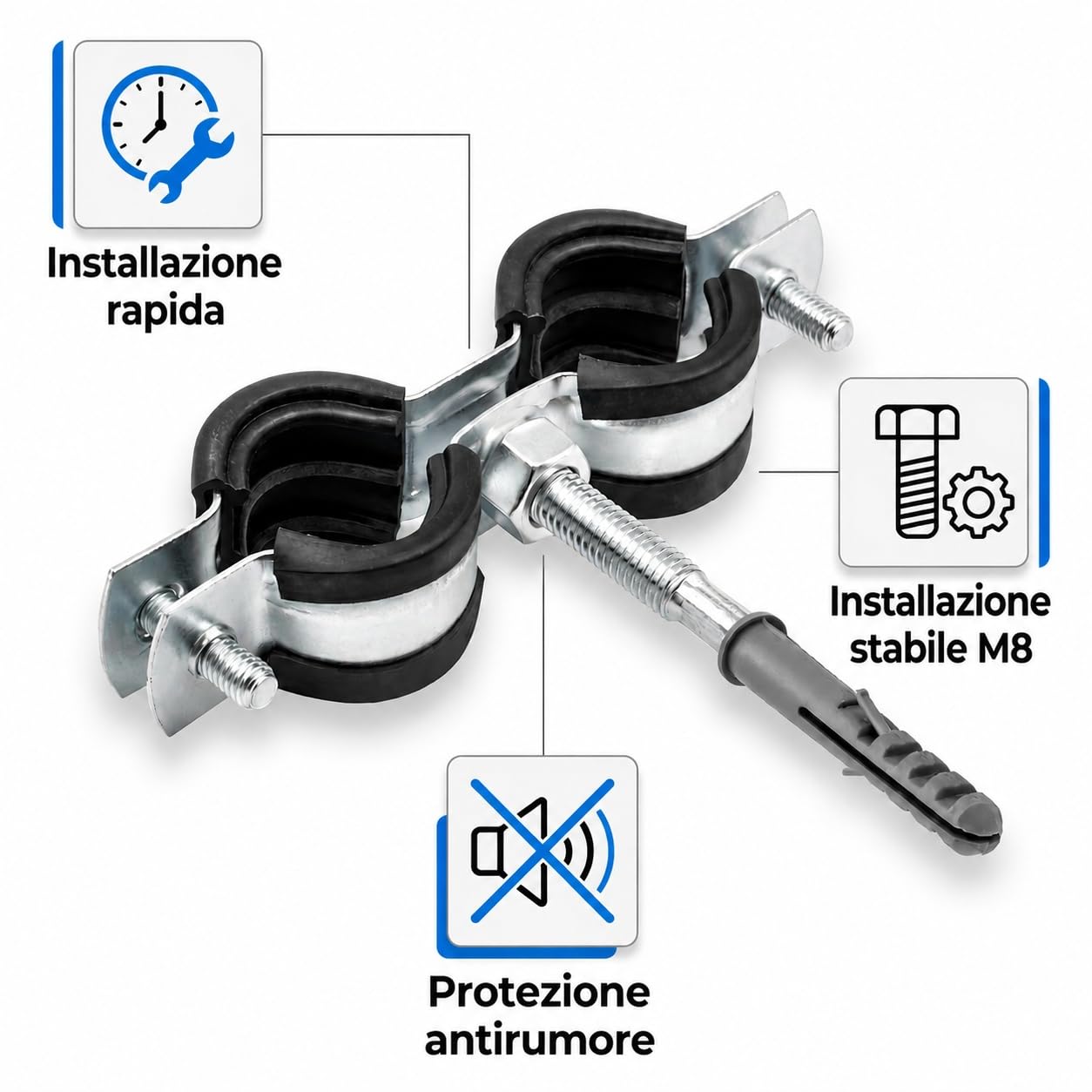 Set 10x Collari Doppi per Tubi + 10x Tasselli + 10x Viti a Legno – Kit di Fissaggio Tubo Facile | Per Installazioni Idrauliche e Riscaldamento – 3/4" 25-31mm