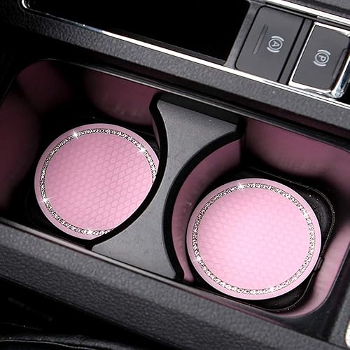 Miniatura 3 de Paquete de 4 posavasos brillantes para automóvil, 2.75 pulgadas, con diamantes de imitación de cristal, juego de almohadillas de goma suave, soporte