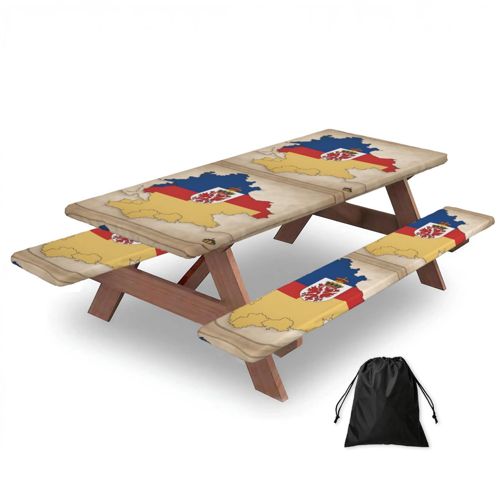 Duwaa Black Thuringia Flag Map03 Print 183Cm Picnic Table Cover With Bench Covers, Waterproof Elastic Tablecloth Set For Outdoor