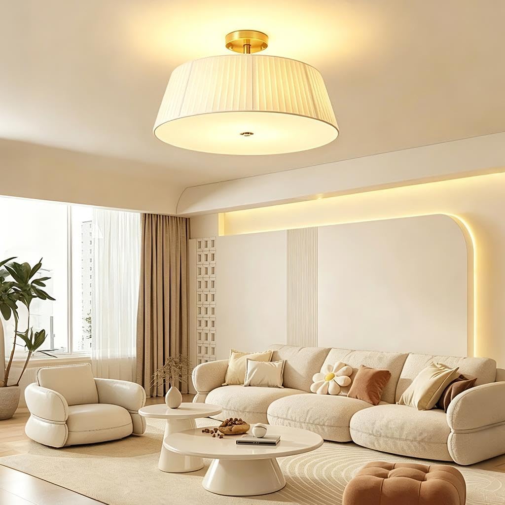 HYKISS Plafonnier Semi-Encastré Style Crème 3 Culots E27 Réglable à 3 Températures de Couleur Abat-jour en Tissu Plissé Luminaire de Plafond Moderne pour Chambre à Coucher et Salon(50cm)