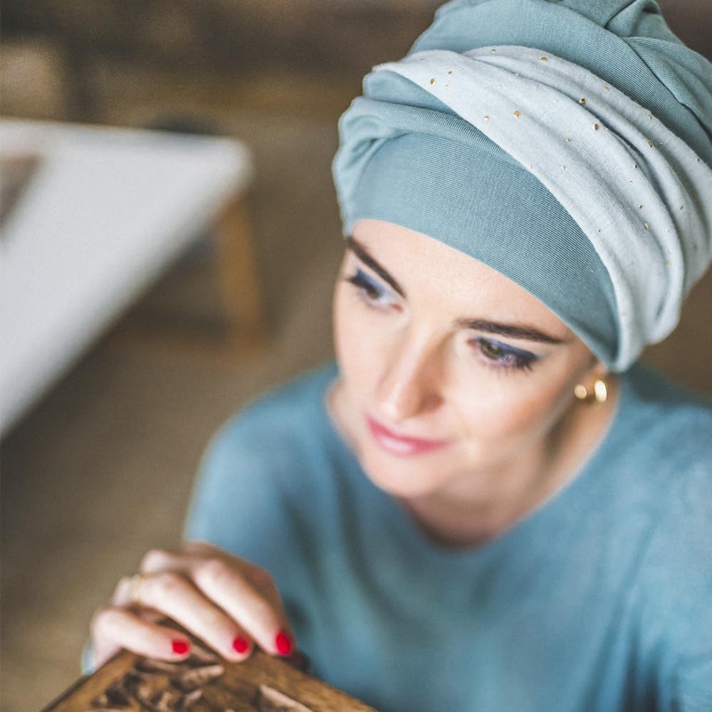 CAREBELL Elegance Aguamarina Gold - Turbante Gorro oncologico de bambú para quimioterapia o Alopecia