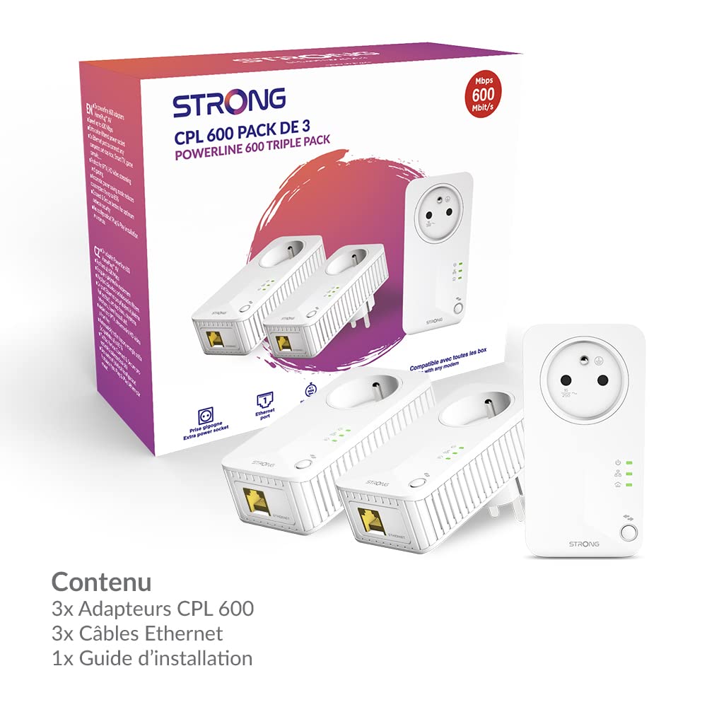 STRONG - Powerline 600 Kit - Trio Prises CPL - Kit CPL - 600 Mbps - Compatible Toute Box/Routeur - 1 Port Ethernet + Prise Filtrée - Installation Rapide - Accès Internet Haut Débit Partout - Blanc
