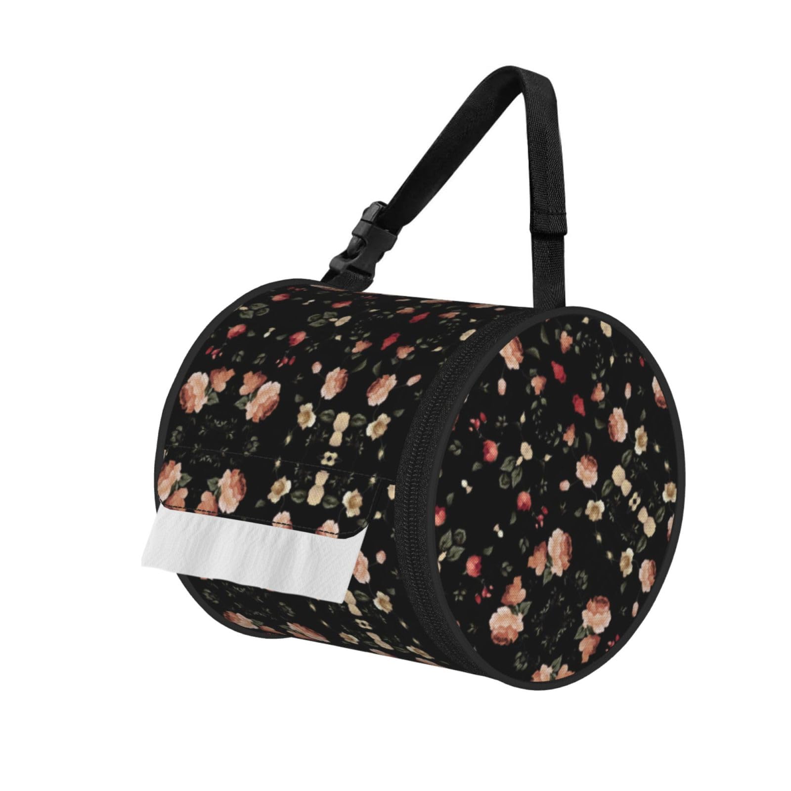 Flowers Print Round Tissue Dispenser Bag With Carry Strap, Portable Roll Holder For Car Travel Home