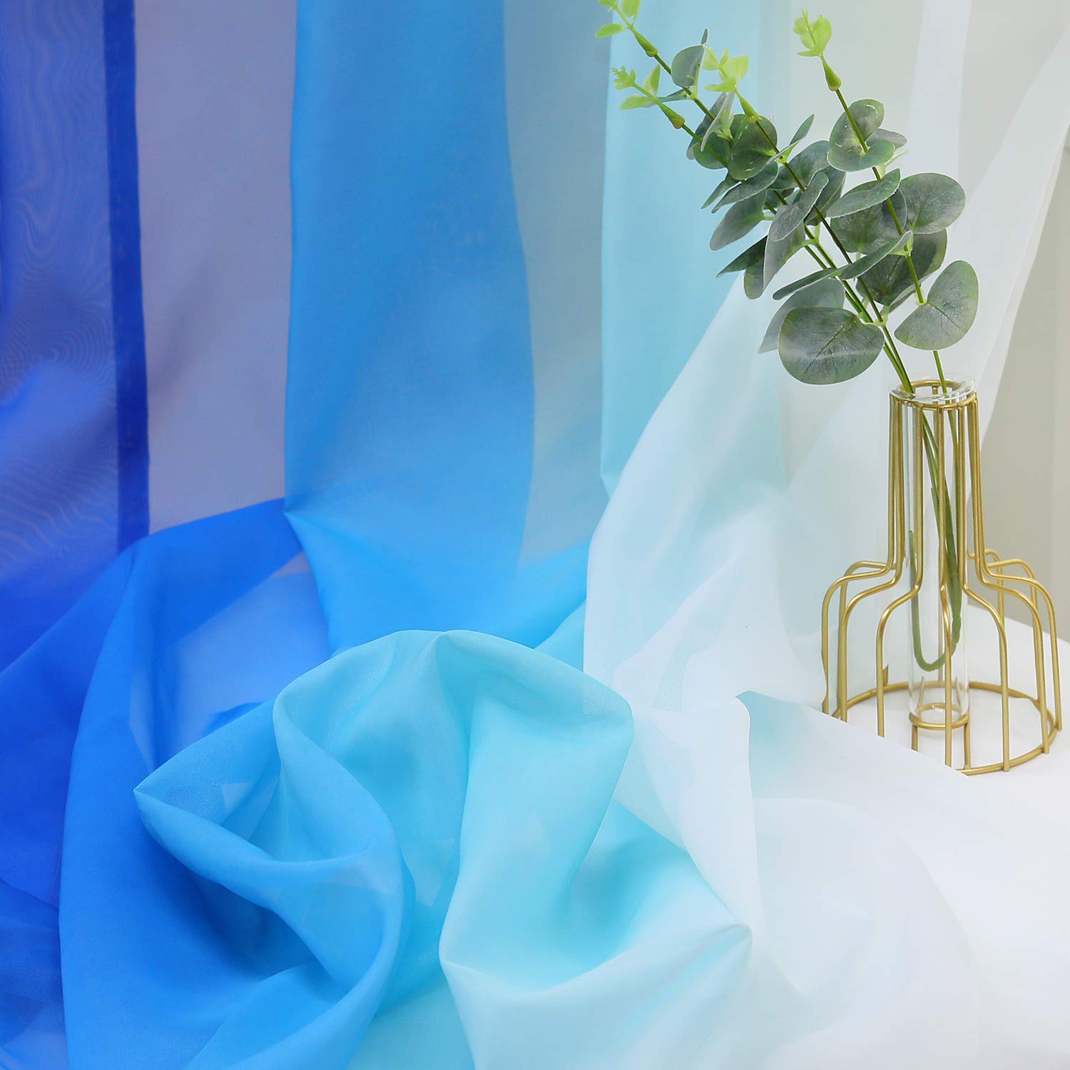 HongYa 2 Vorhänge, Farbverlauf, Weiß und Blau, H/L, 175/140 cm, Kräuselband, Polyester, transparent, einfache Installation, großes Fenster, für Schlafzimmer, Balkon, Küche