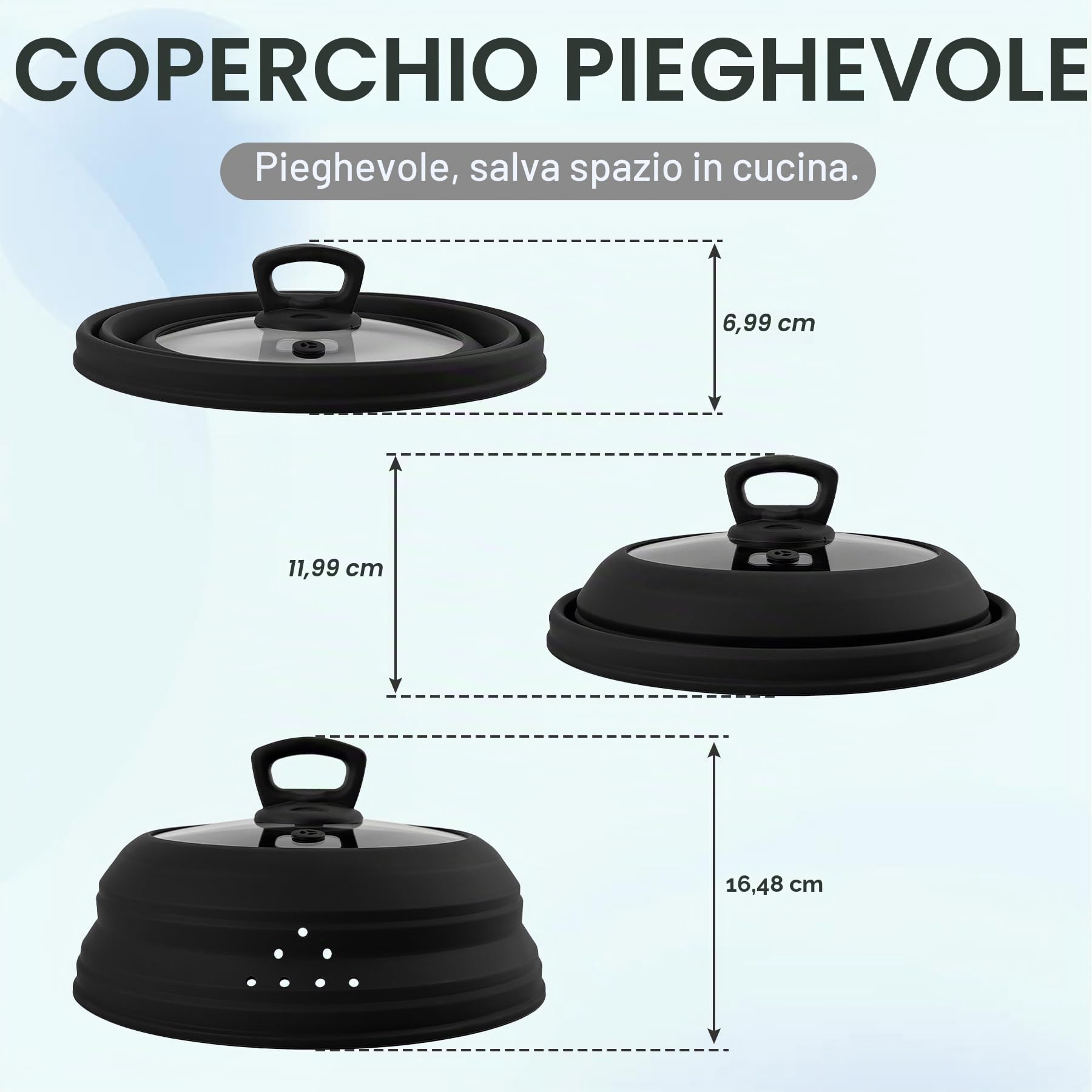 Copertura per microonde in vetro da 30 cm, con manico, pieghevole, in silicone, con sfiato per vapore, per pentola, piatto, ciotola, (nero)
