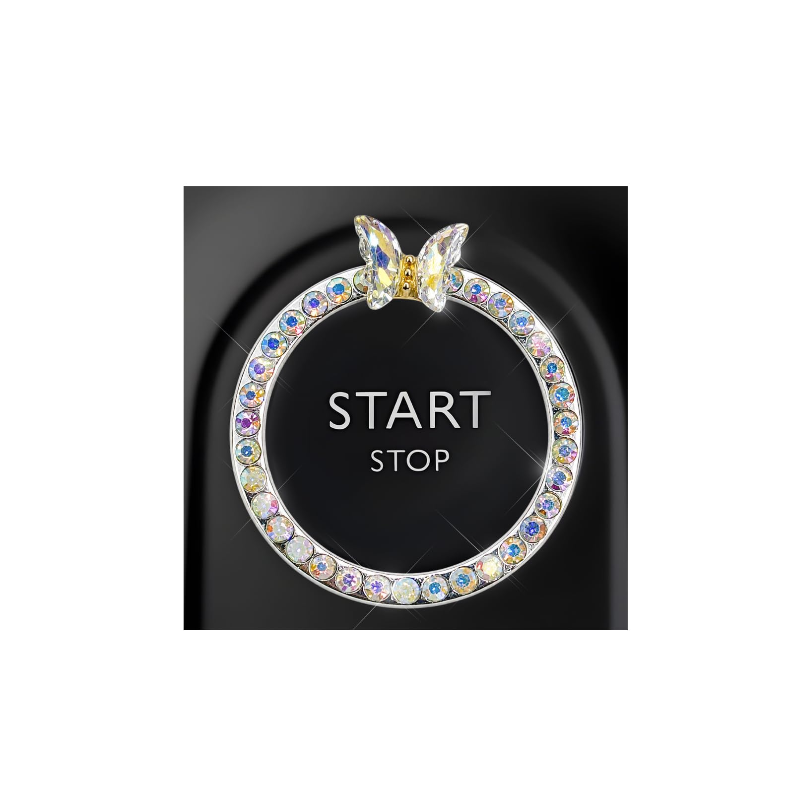 DXNQ Bling Ring Emblem, Sparkling Butterfly Car Buttons and Knobs Ring, Girly Butterfly Diamond Car Engine Start Button Cover, Key Ignition Knob Rings Decoration for Women (AB, Single Row)