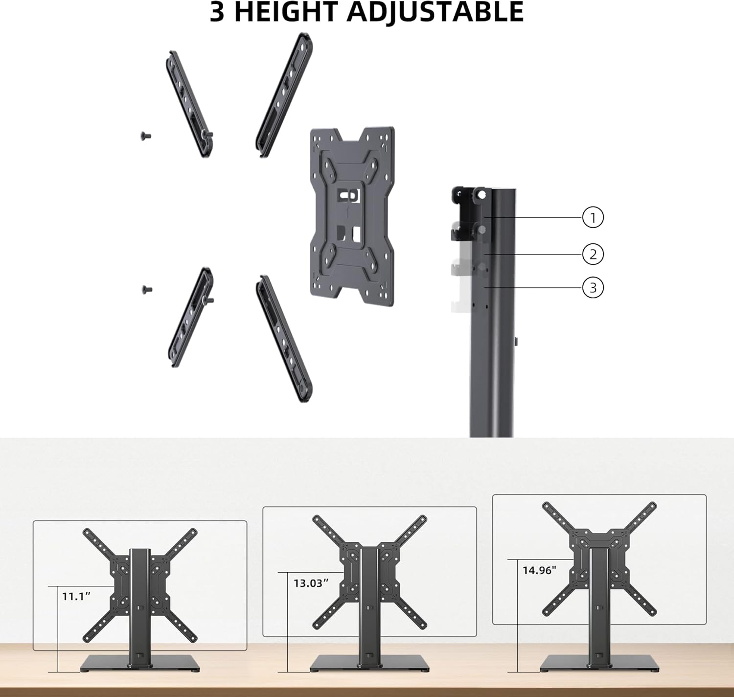 Diagram illustrating the three height adjustment levels of the TV stand.