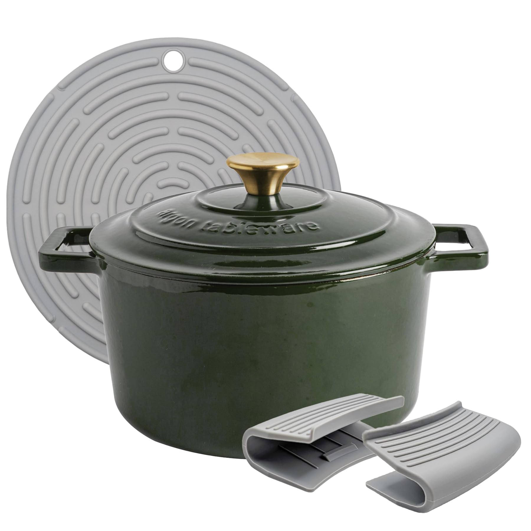 Argon Tableware 4.5L Round Cast Iron Casserole Dish with Self-Basting Lid - Green - Induction Hob Cooking 4.75QT Dutch Oven Bread Baking Serving Roasting Stew Stock Pot Cookware Pan