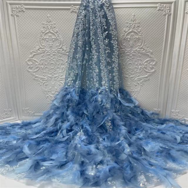 African Lace Fabric 5 Yards Wedding Applique Nigerian 3D Feather French Mesh Tulle Organza Feather Lace Materials - 5yards Lace Fabric for Bridal Wedding Dress
