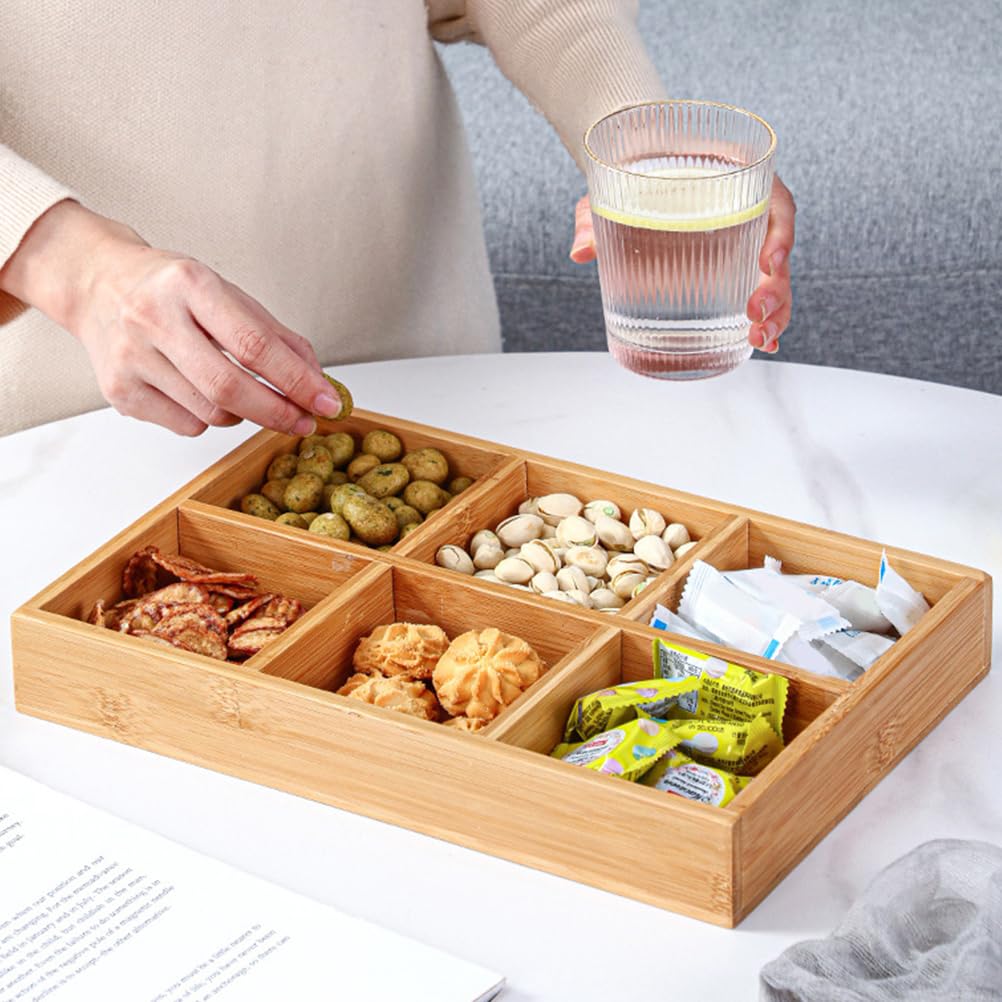 Cabilock Plateau à apéritif en bambou - Plateau à fruits en bois - Récipient à bonbons et noix - Plateau de service sectionnel - Plateau de rangement pour fruits - Plateau de service en bois divisé -