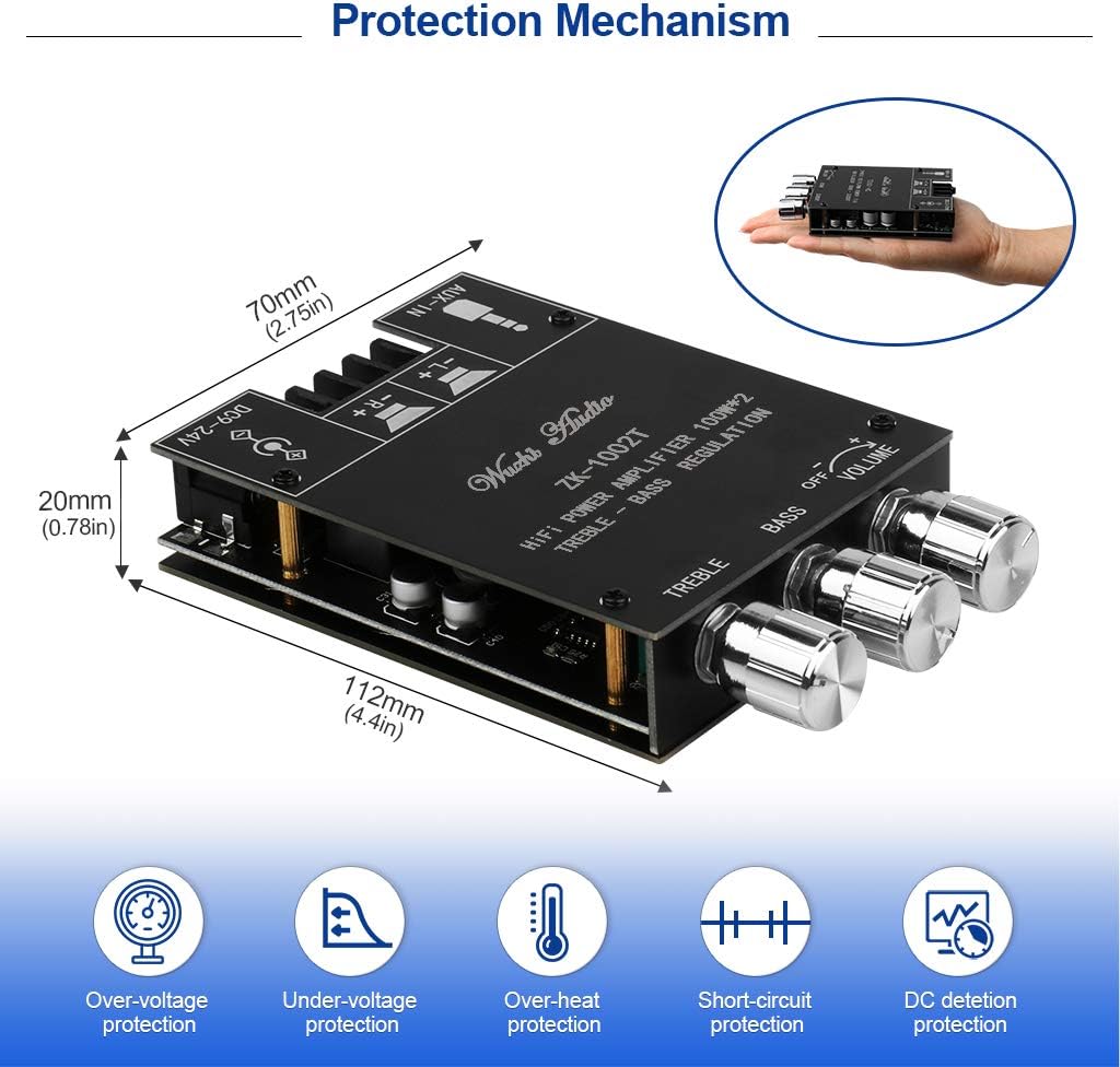 ZK-1002T Bluetooth Amplifier Board 2.0CH 100W*2 Mini Audio AMP with Treble and Bass Control, BT and AUX Inputs, DC 9-24V Stereo AMP Module for Home Speakers, Update Version APP Control - Image 6