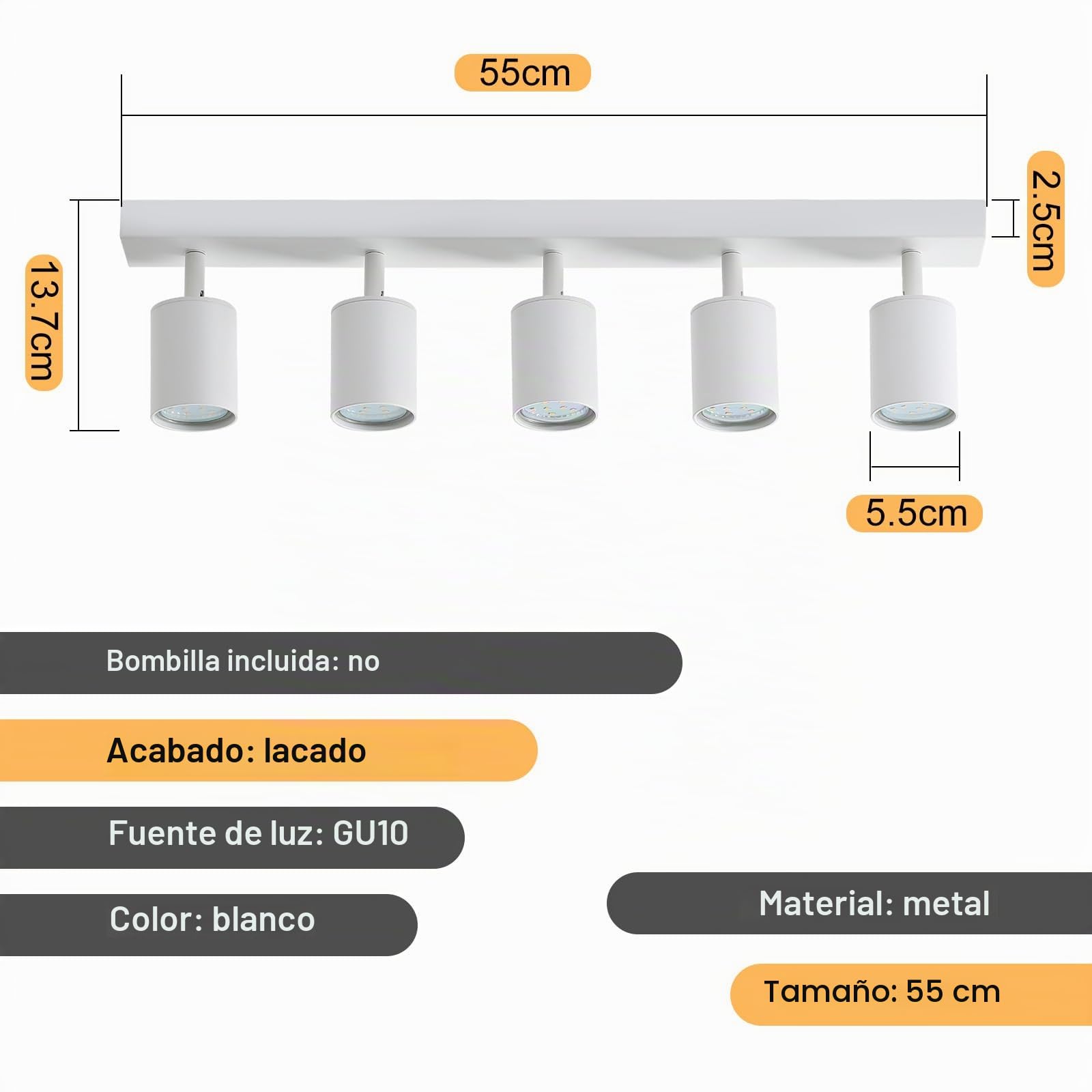 Glitzerlife Lámpara de techo 5 focos blanco foco de techo GU10 lámpara | giratoria 350°lámpara de dormitorio lámpara de cocina lámpara de salón pasillo máx. 25 W sin bombilla