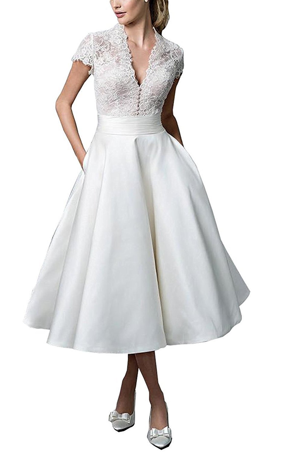 Womens Vintage Tea-Length V Neck Lace Wedding Dress Cap Sleeves Bridal Gown W4