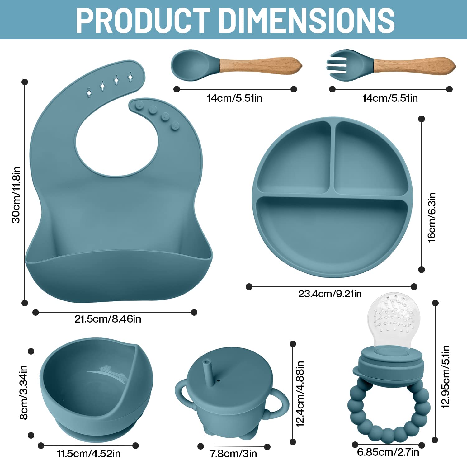 Coffret Repas Bébé Silicone 10 Pièces – Assiette Bol Antidérapants Ventouse Couverts Fourchette Cuillère Tasse Hermétique Bavoir Grignoteuse Cadeau Naissance Bleu