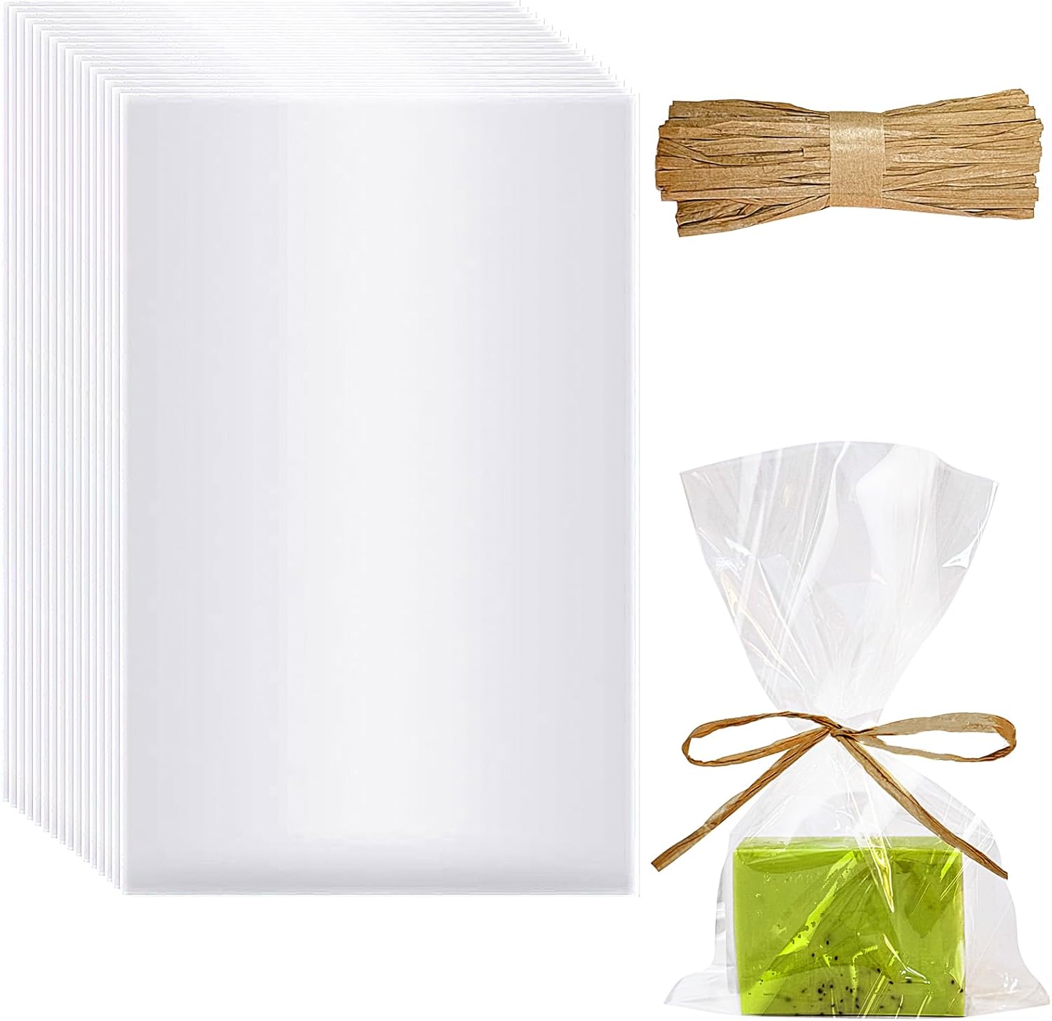 Miraclekoo 100pcs Clear Soap Bags for Homemade Soap Packaging 5x8 Inch Cellophane Bags with Raffia Rope