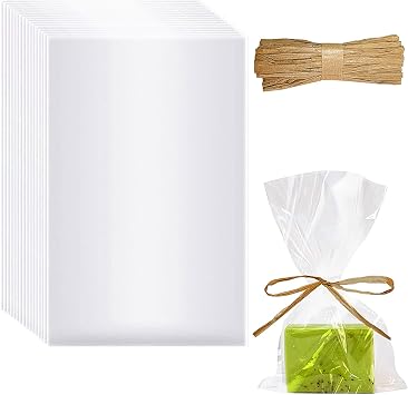 Miraclekoo 100pcs Clear Soap Bags for Soap Packaging 5x8 Inch Cellophane Bags with Raffia Rope Transparent Soap Wrappers for Homemade Soap Gift Birthday Party Favor Packaging