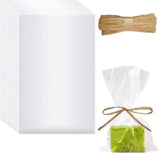 Miraclekoo 100pcs Clear Soap Bags for Soap Packaging 5x8 Inch Cellophane Bags with Raffia Rope Transparent Soap Wrappers for Homemade Soap Gift Birthday Party Favor Packaging