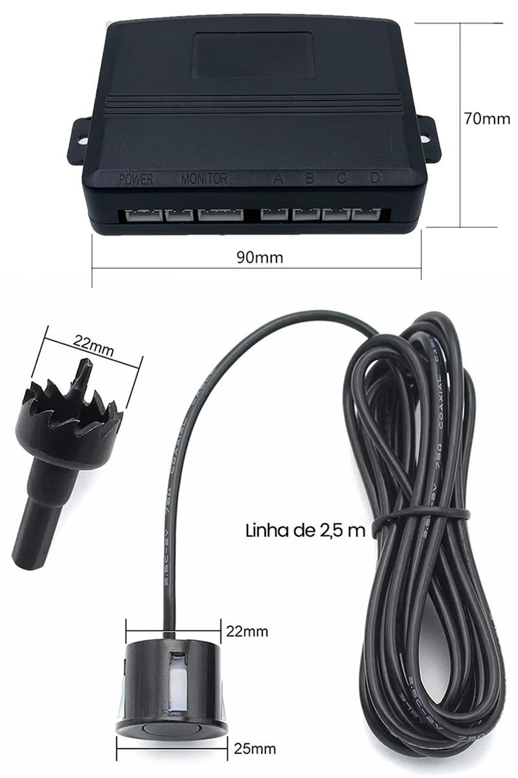 Sensor aparcamiento delantero trasero Sensor de aparcamiento con vídeo AHD/CVBS, Detector asistencia Radar respaldo inverso cámara Monitor, 22mm(Negro)