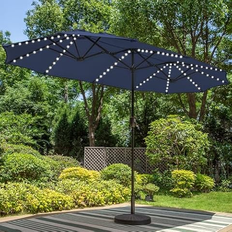 PHI VILLA 13ft Large Patio Umbrella with Solar Lights, Double-Sided Outdoor Market Rectangle Umbrella with 120 PCS LED Lights, Navy Blue(No Base) Cover