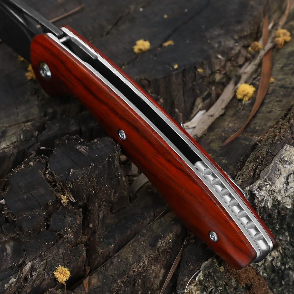 DRACHENADER La navaja de bolsillo plegable de Damasco clip, núcleo de acero VG10 y mango de madera es versátil, fácil de usar y la compañera perfecta para acampar al aire libre.