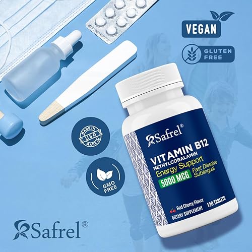 Miniatura 2 de Safrel Vitamina B12 5000 mcg de metilcobalamina, 120 tabletas de disolución rápida, fácil de tomar sabor a cereza B12 sublingual, suministro para