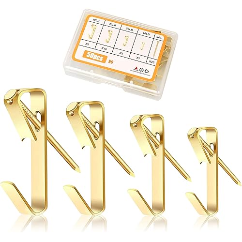 Hooks for Hanging Pictures with Nails - ROBUST 50pcs Picture Hanging Kit, Wall Hooks for Hanging Pictures for Picture Frame, Canvas, Mirror, Art (N6 Gold)