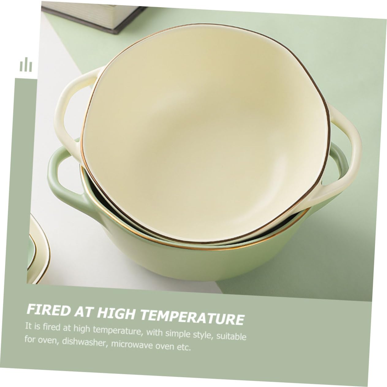 VANZACK Bol de para Sopa y Ensalada con Doble Asa Resistente al Calor Apto para Horno Decoración de Cocina Verde Matcha Fácil de Limpiar Deformaciones