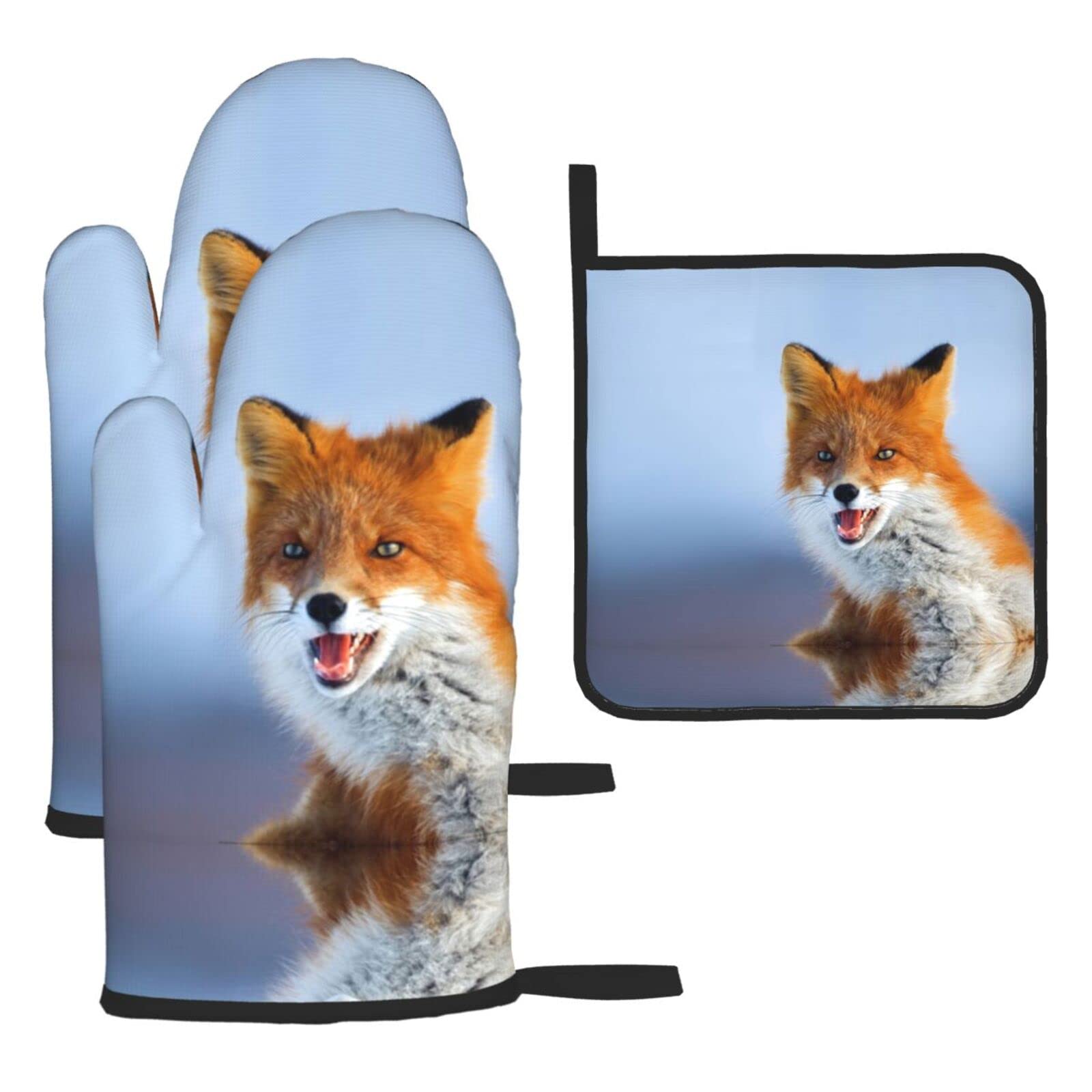 Fox Oven Mitts and Pot Holder Kitchen Set for Grilling, Cooking, Baking, Heat Resistant